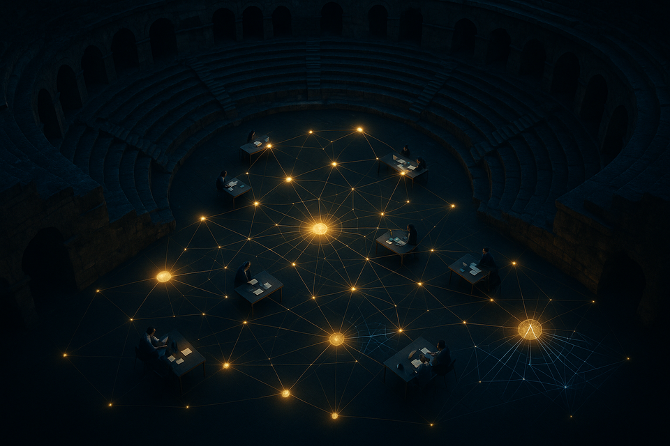 Hierarchy dissolving into intelligence — people connected by glowing network nodes inside a Roman amphitheater